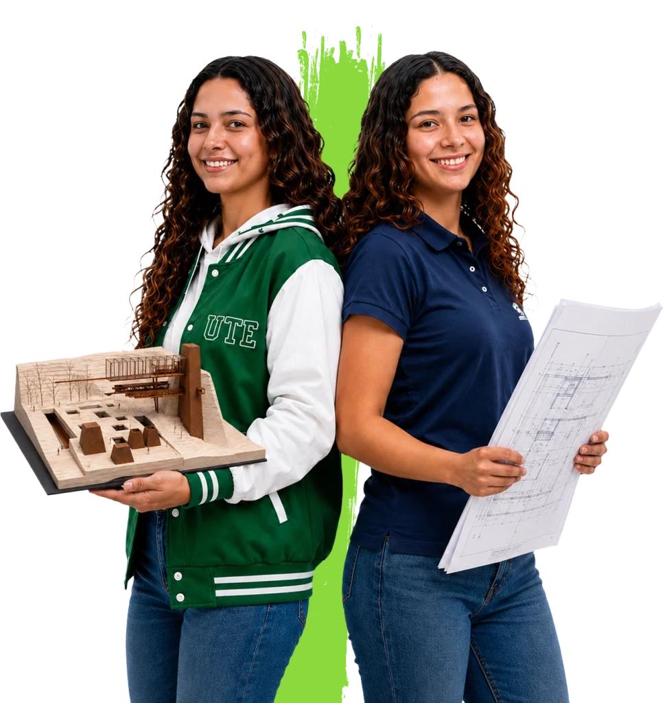 Estudiantes de Arquitectura de la Universidad UTE mostrando una maqueta arquitectónica y planos de construcción.