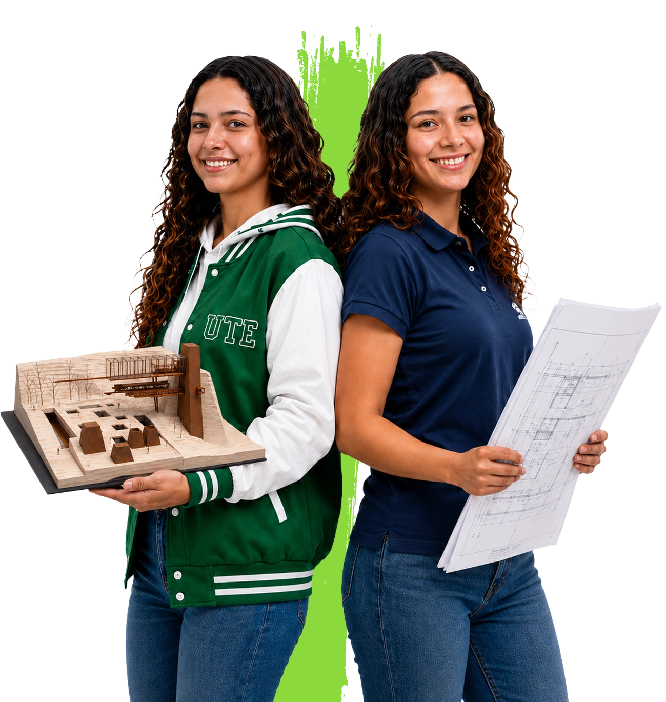 Estudiantes de Arquitectura de la Universidad UTE mostrando una maqueta arquitectónica y planos de construcción.