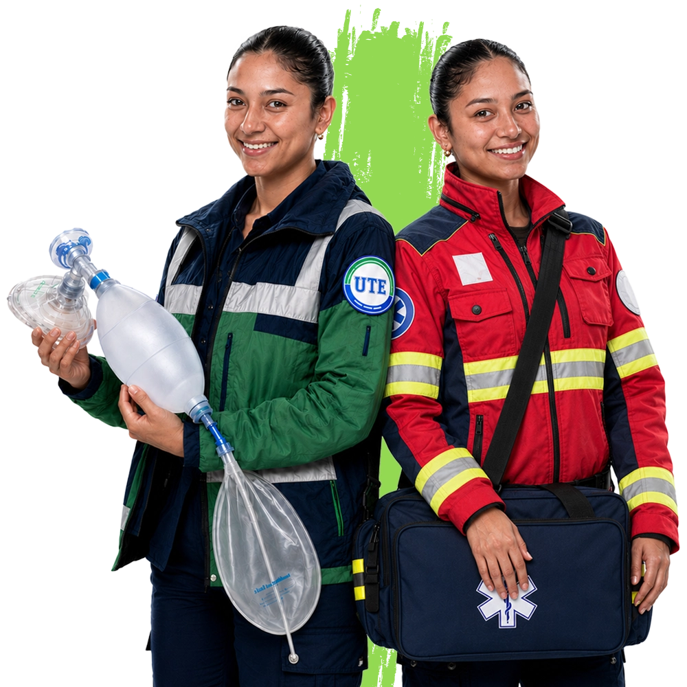 Estudiantes de la carrera de Atención Prehospitalaria y Emergencias de la Universidad UTE utilizando un resucitador manual (Ambú) y un maletín de atención médica para la formación práctica en emergencias.