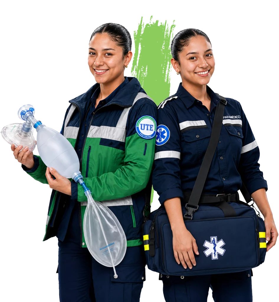Estudiantes de la carrera de Atención Prehospitalaria y Emergencias de la Universidad UTE utilizando un resucitador manual (Ambú) y un maletín de atención médica para la formación práctica en emergencias.