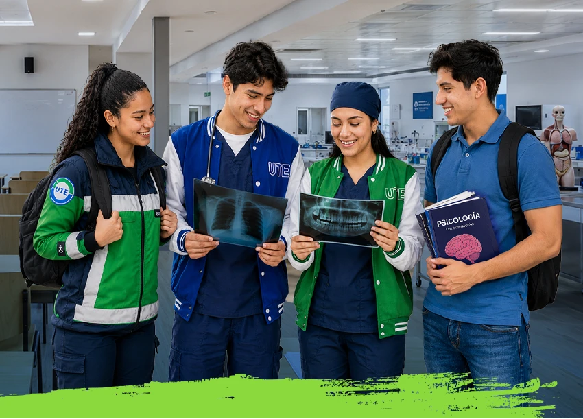 Estudiantes de carreras de salud de la Universidad UTE analizando imágenes diagnósticas en laboratorios especializados.