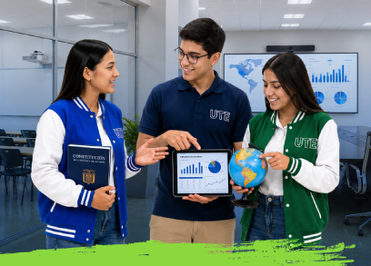 Estudiantes de las carreras de Derecho, Economía y Negocios Internacionales de la Universidad UTE participando en actividades académicas y análisis de mercados globales en Quito.
