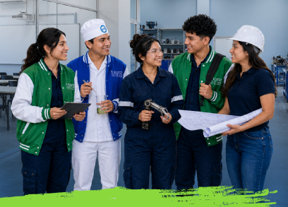 studiantes de ingeniería de la Universidad UTE desarrollando proyectos tecnológicos y mecánicos en laboratorios de Quito.
