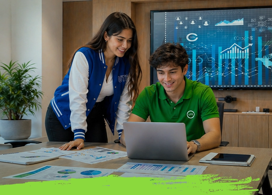 Estudiantes de Tecnología en Administración de la Universidad UTE desarrollando habilidades de gestión y liderazgo empresarial.