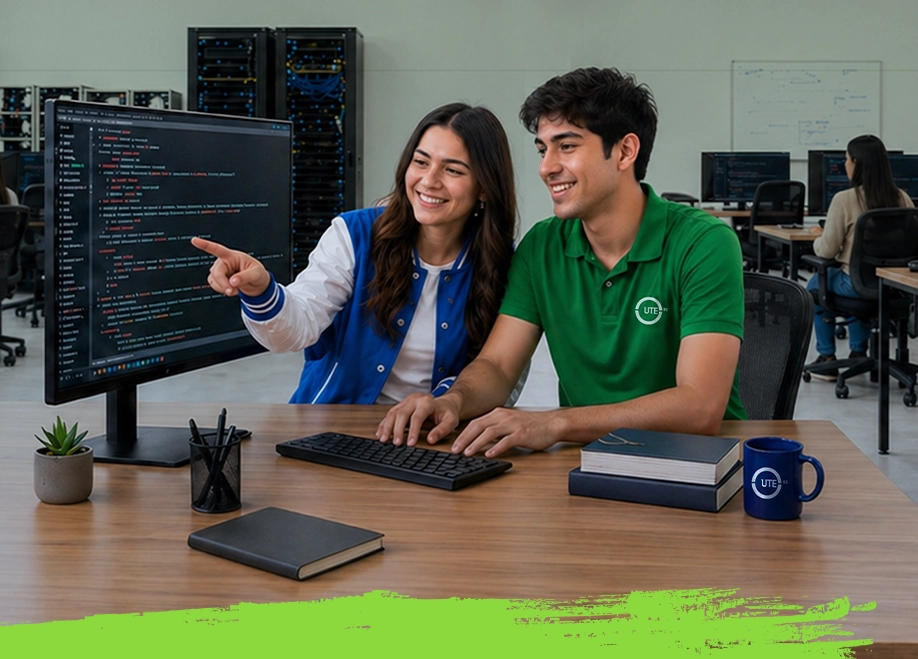 Estudiantes de Tecnología en Desarrollo de Software de la Universidad UTE trabajando en programación y desarrollo de aplicaciones.