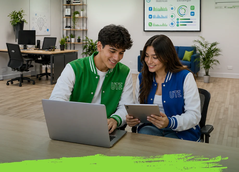 Estudiantes de Tecnología en Marketing Digital de la Universidad UTE aprendiendo estrategias digitales y análisis de datos.