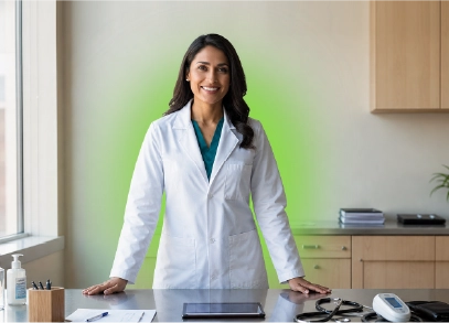 Profesional de medicina en un consultorio representando la formación de la Maestría en Medicina de la Universidad UTE.