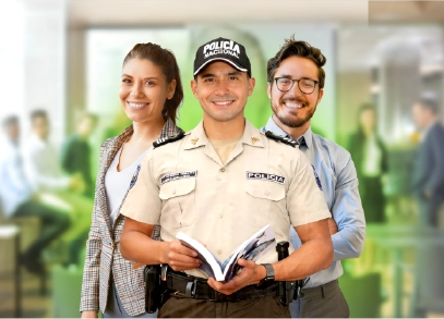Representantes de la Policía Nacional y profesionales promocionando el convenio entre la Universidad UTE y el ISSPOL para el acceso a programas de maestría y posgrado.