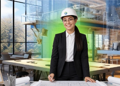 Profesional de arquitectura revisando planos en un estudio de diseño como representación de la Maestría en Arquitectura y Urbanismo de la Universidad UTE.