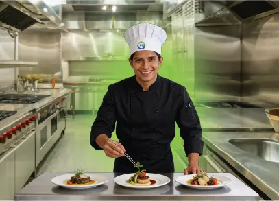 Profesional de la Maestría en Gastronomía de la Universidad UTE elaborando propuestas culinarias en una cocina profesional.
